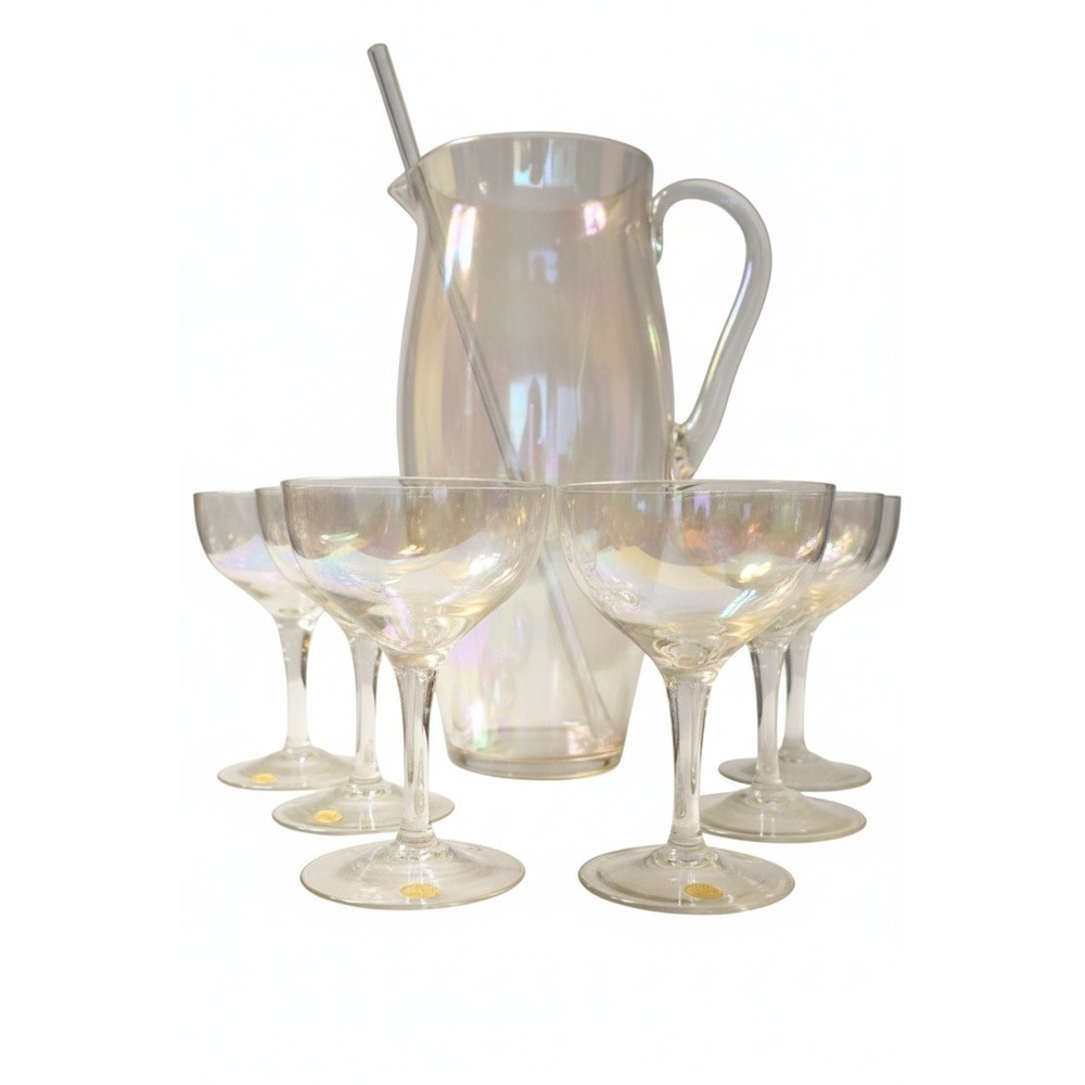 Rainbow Iridescent Cocktail Pitcher Set 6 Glasses w/glass Stirrer Bulgaria